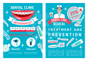 Dentistry medicine brochure for dental disease prevention and healthcare. Vector poster design of dental treatment and orthodontic doctor medical tools, tooth, toothpaste or toothbrush and implants