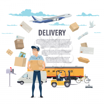 Post mail delivery and postage service poster of post shipping icons. Vector postman or mailman delivering parcels and letter envelops, shipment cargo transport of ship or airplane