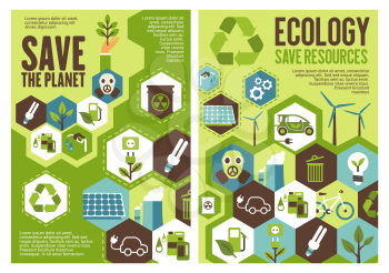 Save planet and eco resources banner set for ecology and environment protection theme design. Recycle, green energy and eco transport poster with tree plant, wind turbine and solar panel flat symbol