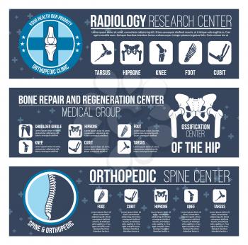 Orthopedics and radiology healthcare medical and research center banners templates. Vector flat design of human joints and bones X-ray for health or bone repair and regeneration therapy hospital