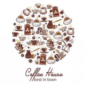 Coffeehouse poster of coffee cups and coffee makers for cafe or cafeteria design. Vector icons or tea mugs, coffee beans or cezve and hot chocolate steam, teapot and grinder for coffeeshop