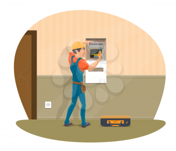 Electrician at work repairing home electricity with electrical work tools. Vector flat design of electircian man profession, changing fuse or wires and switches of room