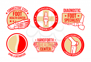 Orthopedics health center or corrective therapy hospital icons templates. Vector isolated symbols of foot and spine joints bones for body orthopedic diagnostics and treatment of knee and foot joints