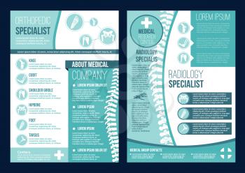 Orthopedics health center or radiology orthopedic research company brochure templates. Vector flat design of body joints and spine bones for orthopedic diagnostics or corrective therapy hospital