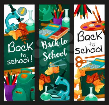 Welcome Back to School banners of school bag and lesson stationery. Vector design of book or copybook and mathematics calculator, pen or pencil with autumn maple leaf on green chalkboard background