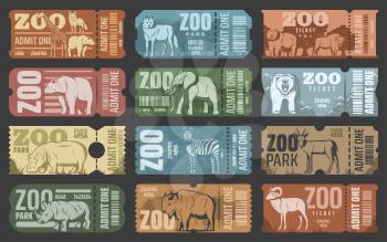 Zoo tickets template design with african and forest animal. Retro grunge admit one card or coupon with african safari lion, elephant and giraffe, bear, zebra and rhino, hippo, antelope and bison