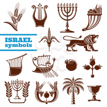 Israel symbols with judaism religion, culture and history sign. Jerusalem lion, menorah with olive branch and palm tree, lyre, shavuot pomegranate fruit, wheat and grape, zebulun boat and flower