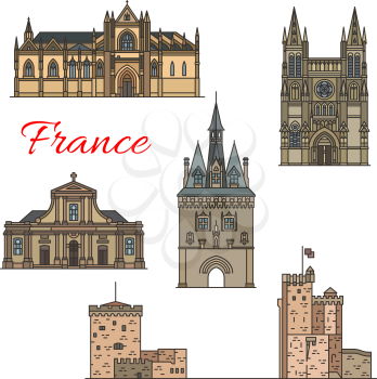 French travel landmarks of medieval architecture thin line icons. Cathedral of St Louis, Gate Cailhau and Bordeaux Cathedral, Basilica of St Michael, ancient St Nicholas Tower and Chain Tower