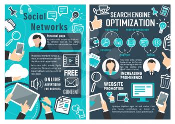 Social network and search engine optimization banner of internet business technology concept. SEO analytic, social media and digital marketing research poster with computer and mobile phone flat icon