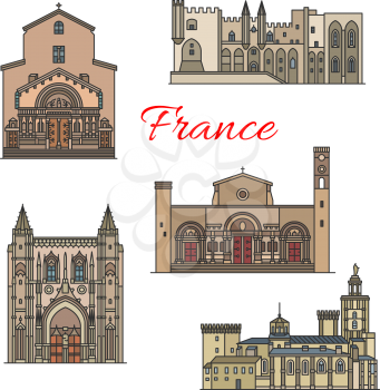 French travel landmarks of famous tourist sight. Abbey Church of St Giles, medieval gothic Popes Palace, Church of St Trophime, Avignon Cathedral and St Peters Church thin line icons