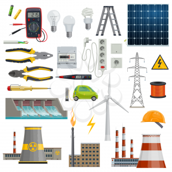 Electricity and power industry icons. Light bulb, plug and socket, battery, solar panel, wind turbine and pylon, screwdriver, cable and pliers, electric car, thermal, nuclear and hydro power station