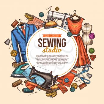 Sewing studio poster with tailor fashion workshop sketch. Atelier or dressmaker tool banner with fabric, cloth and sewing machine, needle, scissor and mannequin, thread, dress and suit