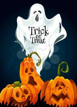 Halloween trick or treat October holiday greeting card design of scary pumpkin lantern monster and spooky ghost. Vector Halloween night party poster template for invitation