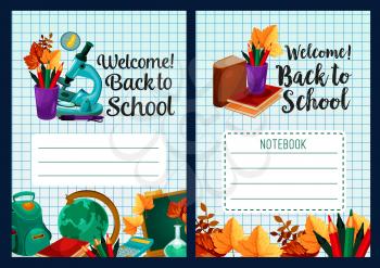 Welcome Back to School notebook or copybook cover design template of blank space for geometry, biology or geography and mathematics lesson. Vector globe, school bag and maple leaf on chalkboard