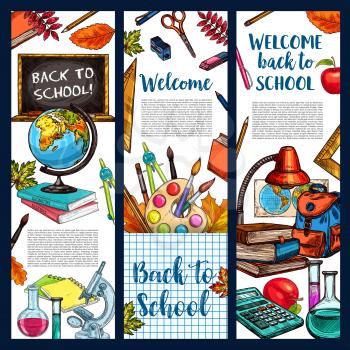 Welcome Back to School banners of lesson stationery, book, pen or pencil and autumn maple or rowan leaf and chalkboard. Vector school supplies for September seasonal school sketch design