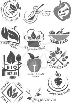 Vegetarian restaurant and cafe vector icons of vegetables. Symbols of carrot, apple and greens, forks, spoons and saucepans for vegan natural cuisine, organic grocery shop or market
