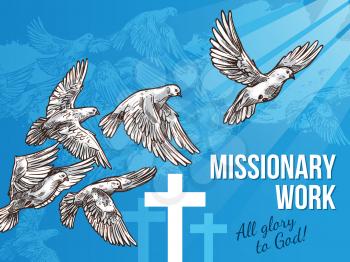 Dove of peace and crucifix banner for missionary work concept. White pigeon bird flying up to light sketch poster for International Day of Peace or religion themes design