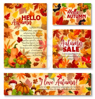 Hello Autumn and fall season sale banner template set. Autumn yellow leaf frame with harvest pumpkin vegetable, orange maple foliage, forest mushroom, rowan berry, acorn and pine cone poster design