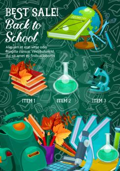 Back to School sale promo offer poster or web banner template of education stationery and lesson supplies on green chalkboard background. Vector school bag, book or globe map and ruler or microscope
