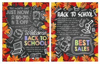 Back to school special sale offer poster on chalkboard with autumn leaf frame. School supplies chalk sketch of pencil, book and ruler, schoolbag, calculator and globe for sale promotion banner design