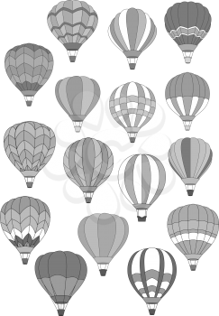 Hot air balloon icons or badges set. Vector isolated inflated hopper or cloudhopper wicker basket aircraft for travel or air journey adventure. Balloon patterns of zig zag, stripes