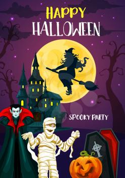 Happy Halloween holiday greeting banner with autumn horror party monster. Scary pumpkin lantern, witch and full moon, evil mummy, vampire and spooky castle festive card design