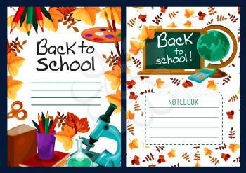 Back to School notebook or copybook cover design with blank space and lines for pupil name and lesson title. Vector template for school geography, mathematics or geometry and biology or chemistry