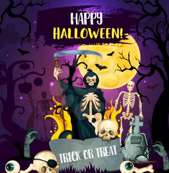 Halloween trick or treat night party invitation poster with cemetery ghost. Horror skeleton, zombie and death with scythe, skull, full moon and bat on graveyard for autumn holiday greeting card design
