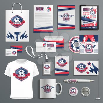 Corporate identity template for soccer sport club with branding badge of football game trophy and ball. Branded business card, folder cover and letterhead layout, flag, t-shirt and office stationery