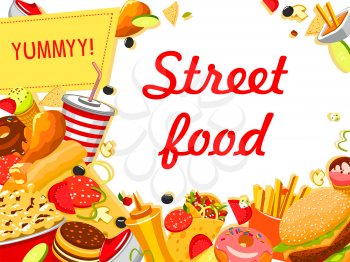 Fast food restaurant lunch banner with burger sandwich, drink and dessert. Street food poster with frame of hamburger, pizza and french fries, hot dog, chicken and donut, soda, ice cream and chips