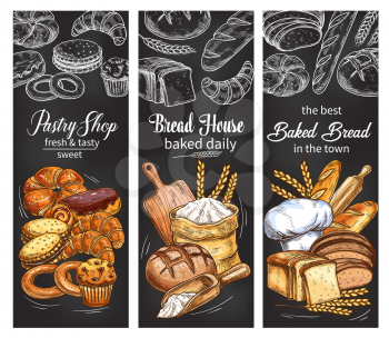 Bakery and pastry shop chalkboard banner set with bread and bun chalk sketch. Rye bread, wheat baguette and croissant, sweet bun, raisin cupcake and toast, chocolate roll, cake, cookie and bagel