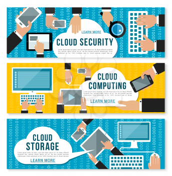 Cloud computing, data storage and security banner set with digital devices. Users connecting to cloud storage and sharing file and document via computer, tablet pc and mobile phone flat poster design