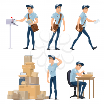Postman cartoon icon for postal service occupation. Mailman in blue uniform with bag delivering letter to mailbox and post office worker sorting mail, box and parcel symbol for delivery service design