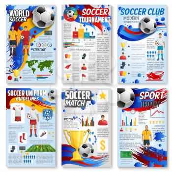 Soccer sport game infographic set with football championship match statistics. Soccer tournament graph and chart with champion league player, ball and trophy, football stadium and play field diagram