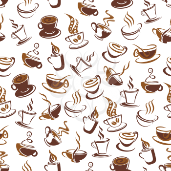 Coffee seamless pattern background of natural hot drink in cup. Brown mug of coffee, espresso, cappuccino and latte with swirling line of steam and roasted coffee bean for cafe menu backdrop design