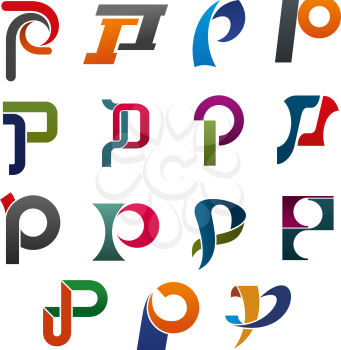 Alphabet symbol of letter P for corporate identity font design. Red, blue and orange geometric figures and curved ribbon in a shape of capital P for branded business card or company emblem template