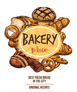 Bakery shop banner with bread and pastry product sketch frame. Wheat and rye bread, croissant and baguette, cupcake, sweet roll and plaited bun, cake and bagel round label with text layout in center