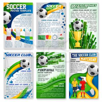 Football game banner set of soccer sport club template. Football team player with soccer ball and winner trophy cup, stadium play field, goal gate and referee card poster for championship match design