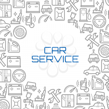 Car service poster or auto parts and spare parts thin line icons. Vector car mechanics design of motor engine and wheel tires, exhaust pipe and windshield, speedometer or accumulator and brake