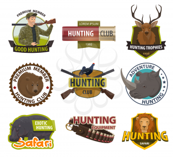 Hunter club member badges or hunting open season icons. Vector premium shields set of hunter with rifle gun or bullet, wild animal trap, African safari lion and bear or hippopotamus
