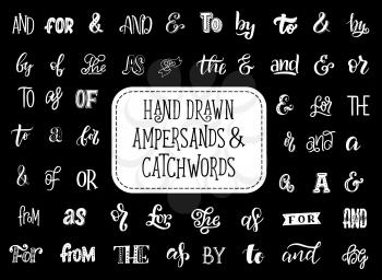 Ampersands and catchwords lettering icons. Vector isolated calligraphy letters and prepositions words of the, by or with and for or to for creative font art design and calligraphic greeting cards
