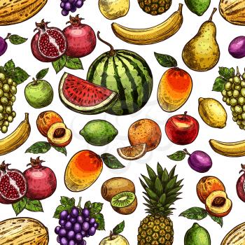 Fruits sketch seamless pattern. Vector background of exotic pineapple, banana or kiwi and grape, tropical mango or plum and pear or apple harvest and farm pomegranate or apricot with watermelon