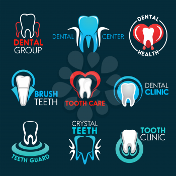 Dental clinic isolated icons of tooth care treatment and oral hygiene. Healthy clean teeth and implant with heart and blood drops for dentist office badges and dentistry medicine themes design
