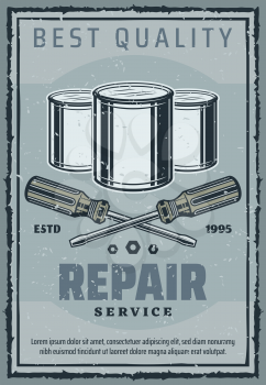 House repair and home construction retro poster with grunge work tools and instruments. Interior paint can, screwdriver and screw vintage banner for building industry company advertising design