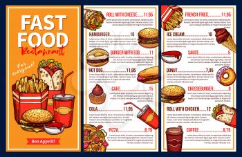 Fast food restaurant menu folding brochure template. Hamburger, pizza and hot dog, cheeseburger, fries and soda, donut, coffee and egg sandwich, burrito roll and cake price list poster design