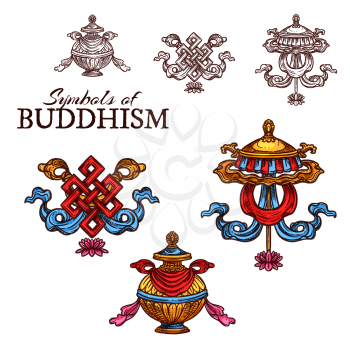 Buddhism religion sketch set with auspicious symbols. Endless knot, umbrella and treasure vase signs of wealth and abundance, infinite wisdom of Buddha, royalty and spiritual power