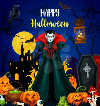 Happy Halloween holiday greeting card with horror night monster. Creepy vampire on cemetery poster with scary pumpkin, bat and skeleton, full moon, castle and witch potion for autumn holiday design