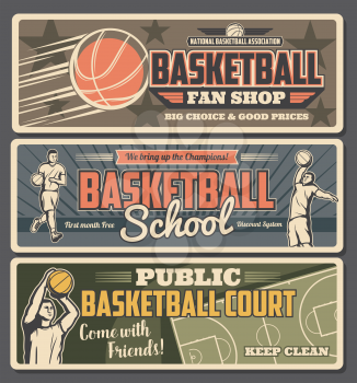 Basketball school or shop with court retro banners with professional players in uniform with ball. Sport club and team game on field for champions, physical activity, basketball court advert