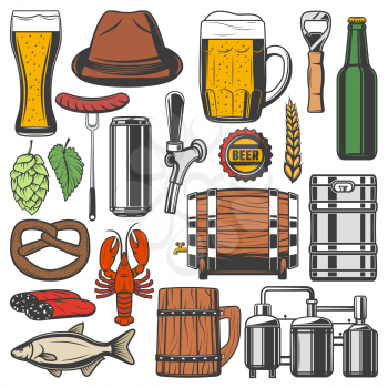 Beer alcohol drink retro icons for bar or pub themes design. Bottle, glass and mug of lager or wheat ale, brewery equipment, hops and barley, wooden barrel, tankard and oktoberfest pretzel symbols