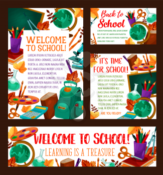Back to School banner or poster design of school bag and lesson education stationery. Vector school book or notebook and calculator, literature book or pen and pencil, autumn maple leaf on chalkboard